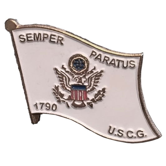 Lapel pin of the United States Coast Guard insignia with eagle and text on white background