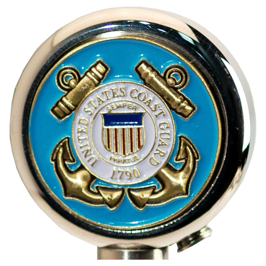 United States Coast Guard emblem on a round chrome base.