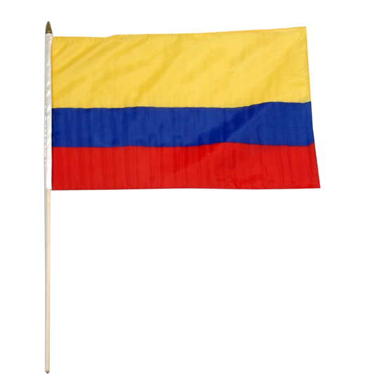 Columbian flag with yellow, blue, and red horizontal stripes on a white background