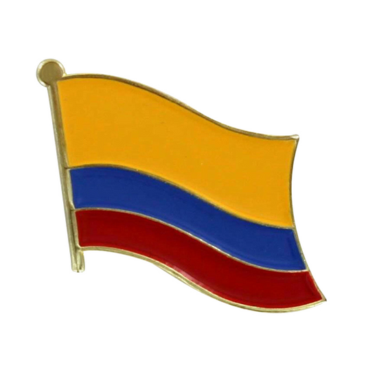 Columbia flag pin with yellow, blue, and red stripes on a white background