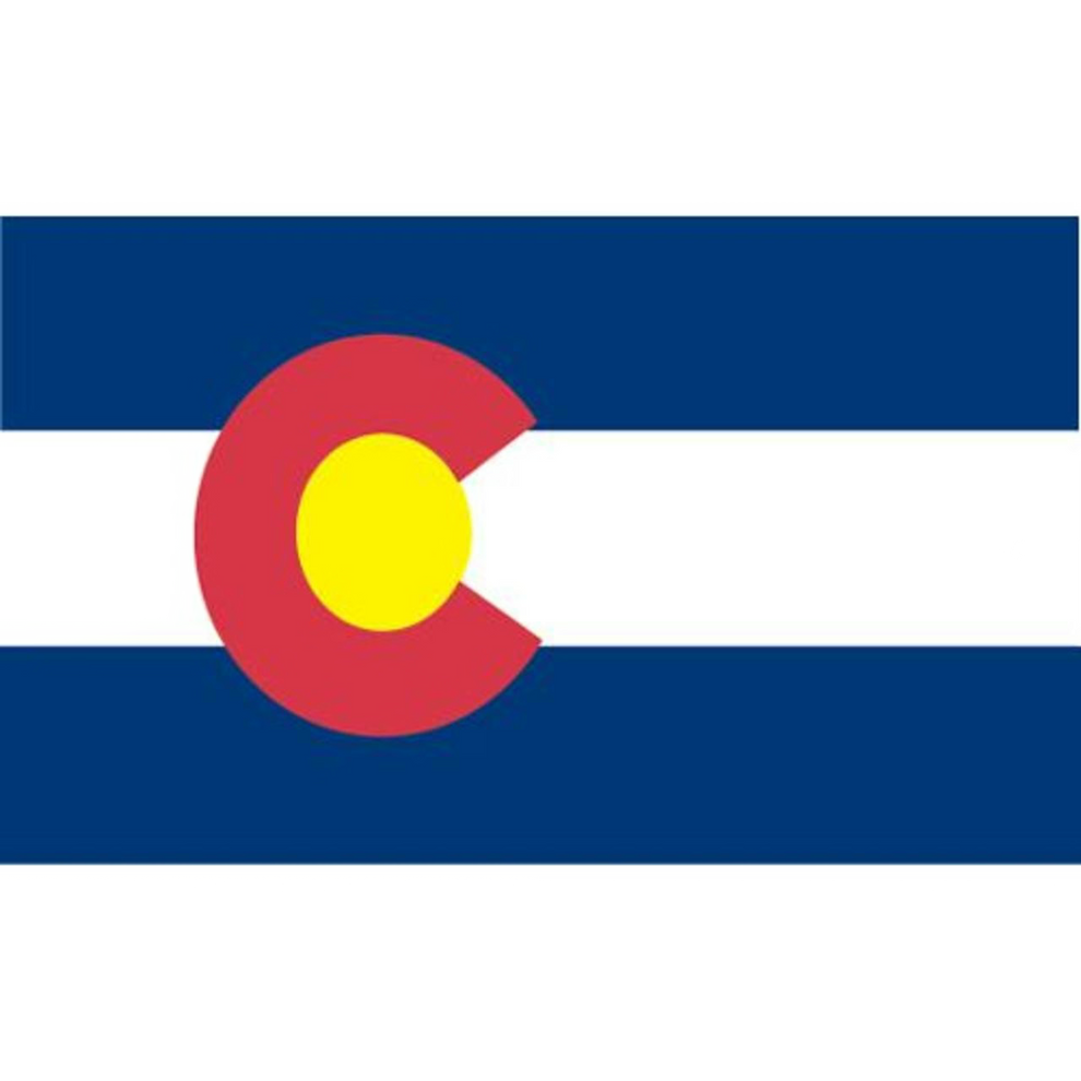 State of Colorado flag featuring the iconic blue and white horizontal stripes with the red 'C' and golden yellow disk design.