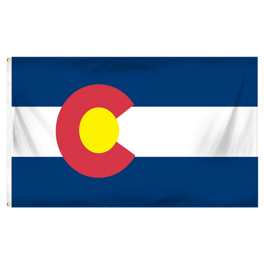 Colorado state flag with a red circle and yellow center on a blue and white background