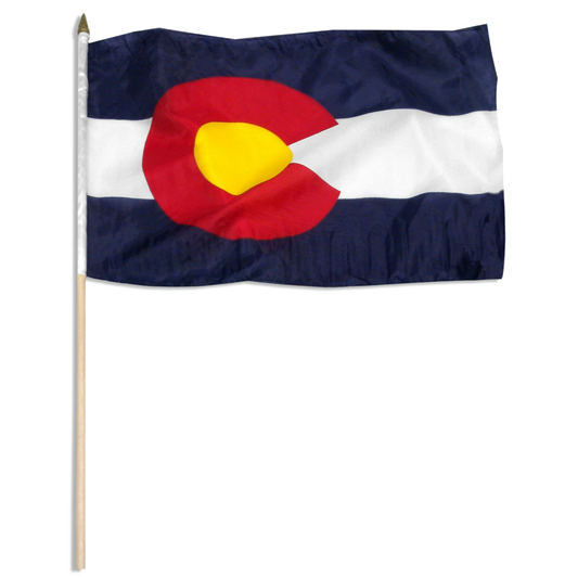 State of Colorado stick flag featuring the iconic blue and white horizontal stripes with the red 'C' and golden yellow disk design.