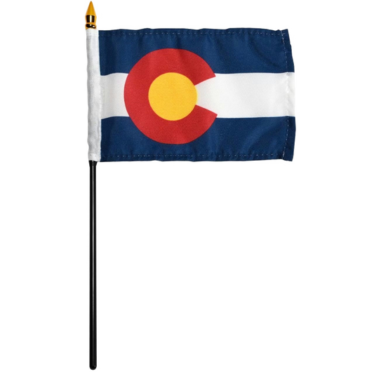 State of Colorado stick flag featuring the iconic blue and white horizontal stripes with the red 'C' and golden yellow disk design.