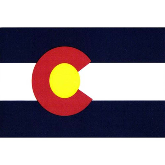State of Colorado flag featuring the iconic blue and white horizontal stripes with the red 'C' and golden yellow disk design.