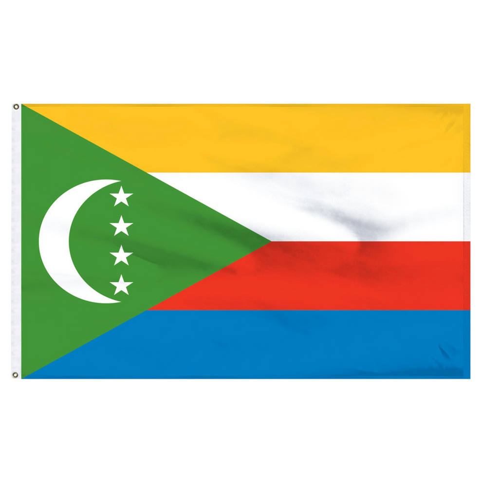 Comoros flag with green, yellow, white, red, and blue horizontal stripes featuring a moon and star emblem.