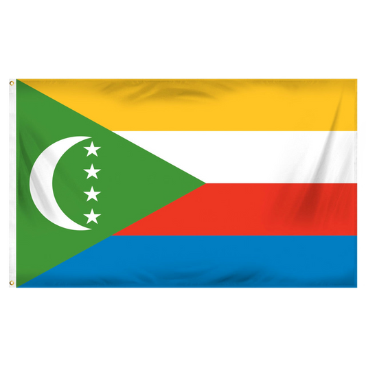 Flag of Comoros with green, yellow, white, red, and blue colors on a white background