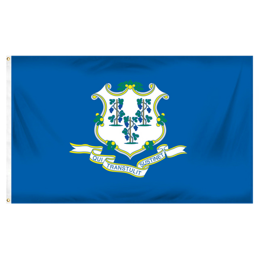Connecticut state flag with a blue background and a central emblem featuring green leaves and white text.