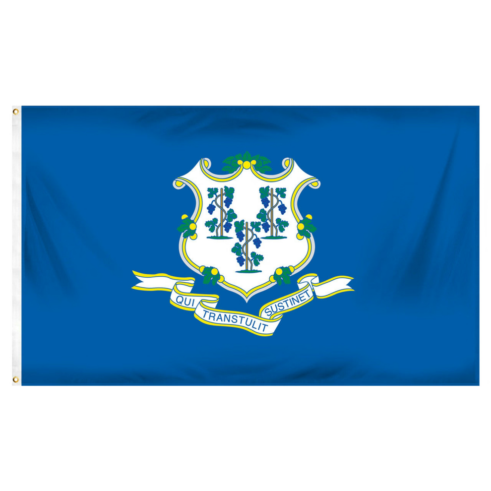 Connecticut state flag with a blue background and a central emblem featuring green leaves and white text.