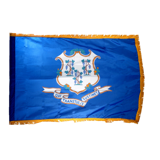 Connecticut flag with a blue background and white emblem featuring text and floral designs.