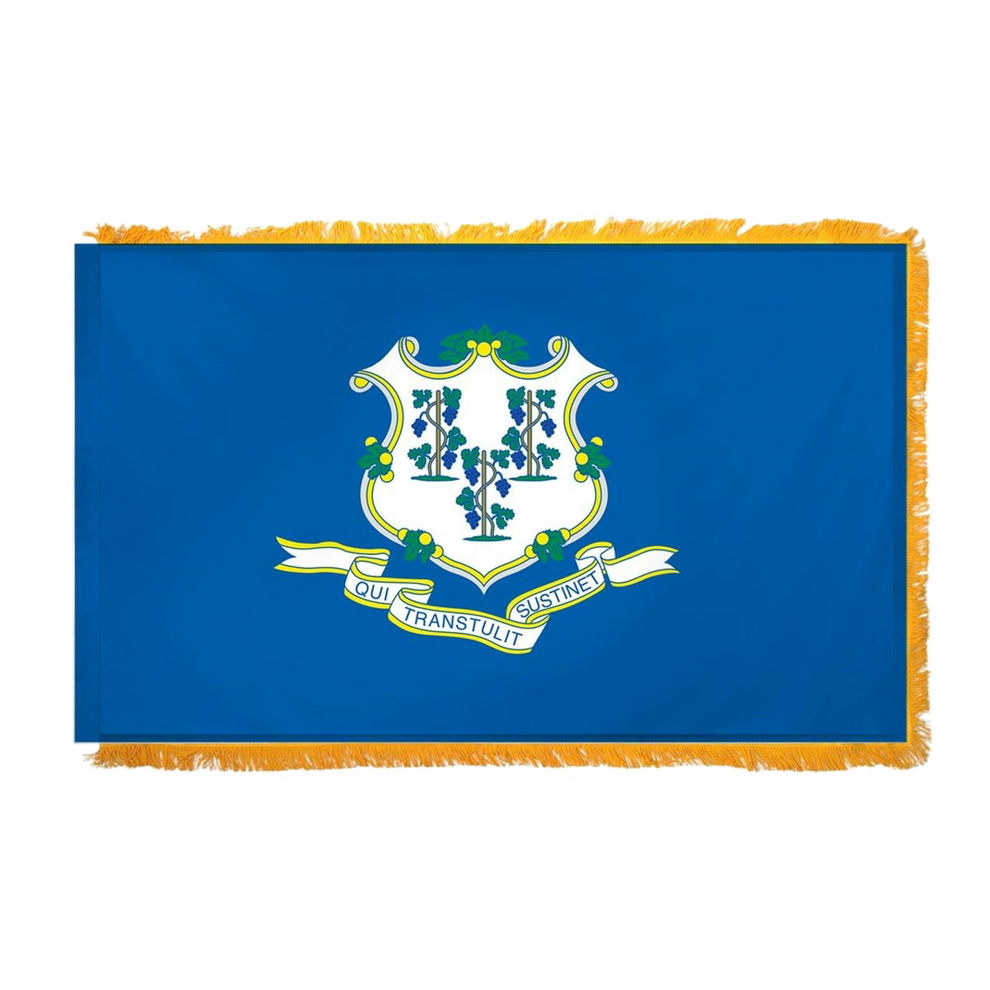 Connecticut state flag with a white shield, grapevines, and motto on a blue field with gold fringe.