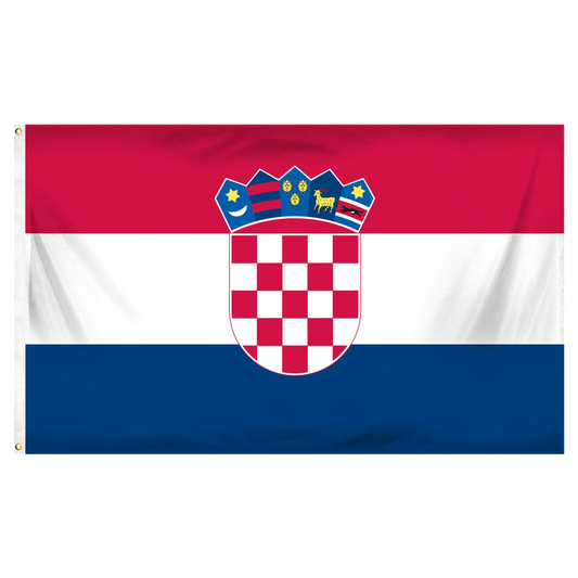 Flag of Croatia with red, white, and blue horizontal stripes and a central emblem.