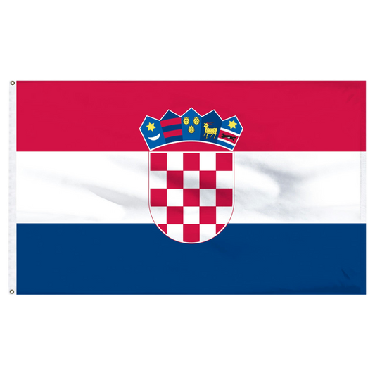 Flag of Croatia with red, white, and blue horizontal stripes and a central emblem.