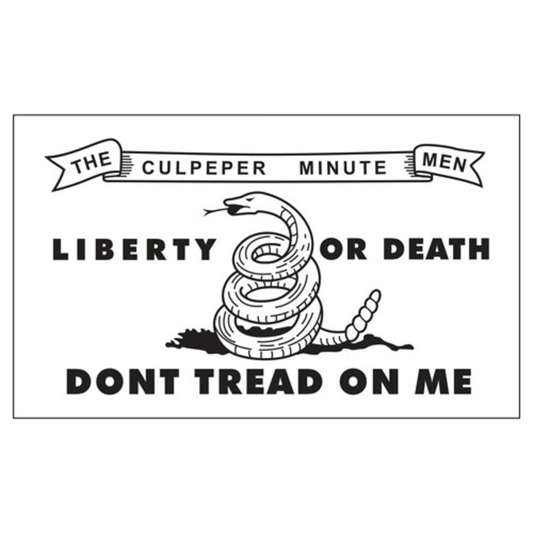 Gadsden flag with snake and text 'Liberty or Death, Don't Tread on Me' on a white background