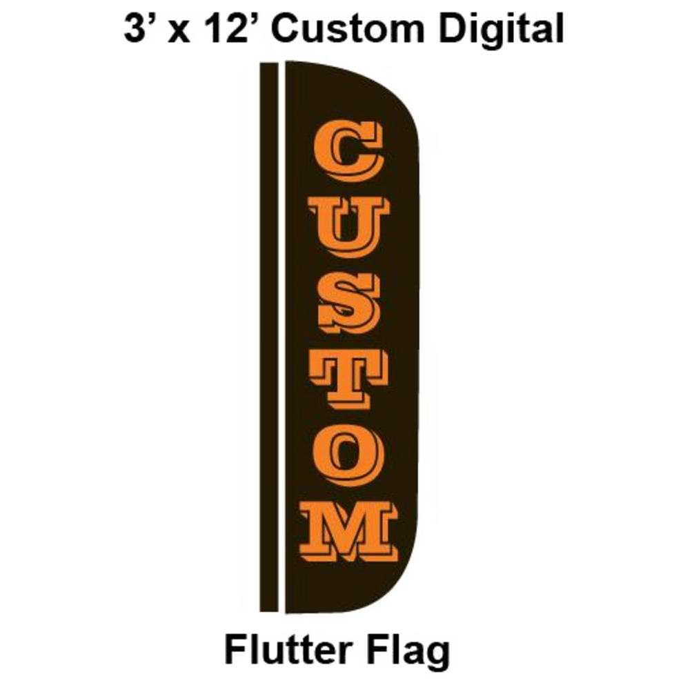 A custom digital flutter flag with the word 'CUSTOM' displayed in large orange letters against a black background, designed for outdoor use.
