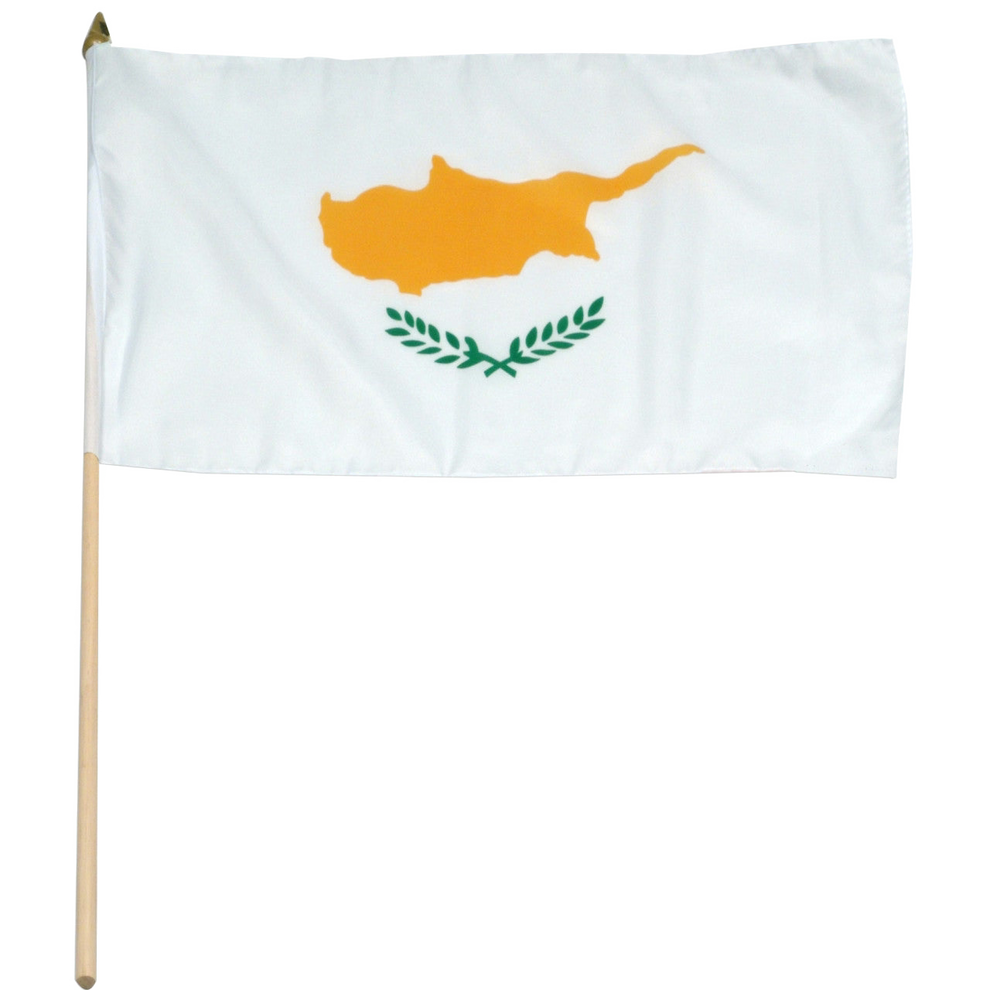 Flag of Cyprus with a yellow map and green olive branches on a white background