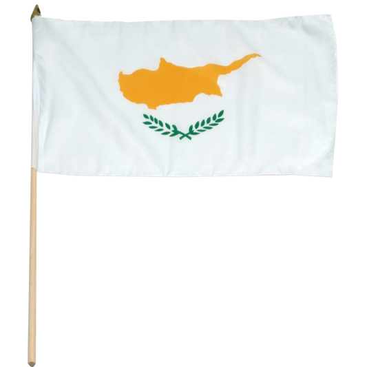 Flag of Cyprus with a yellow map and green olive branches on a white background