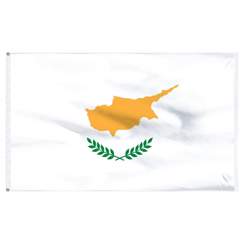 Flag of Cyprus with a yellow map and green olive branches on a white background