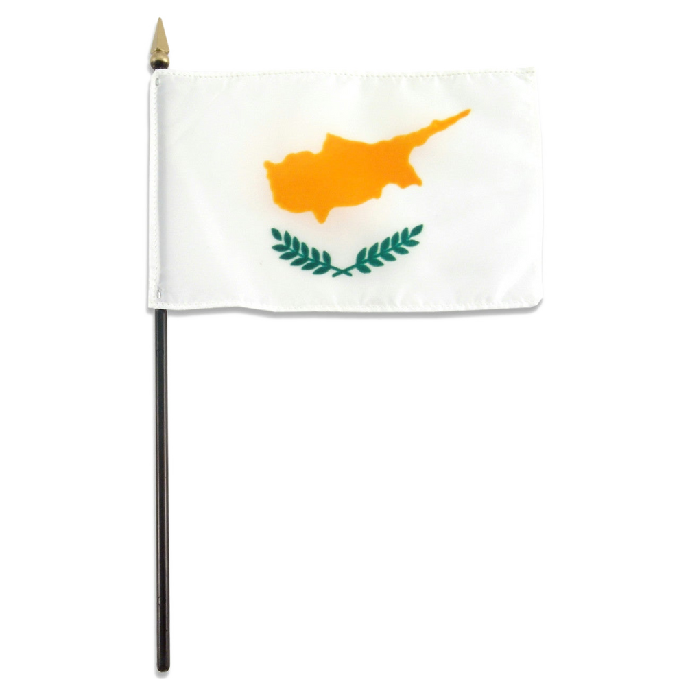 Cyprus small flag with a white background, orange map, and green leaves on a black stick.