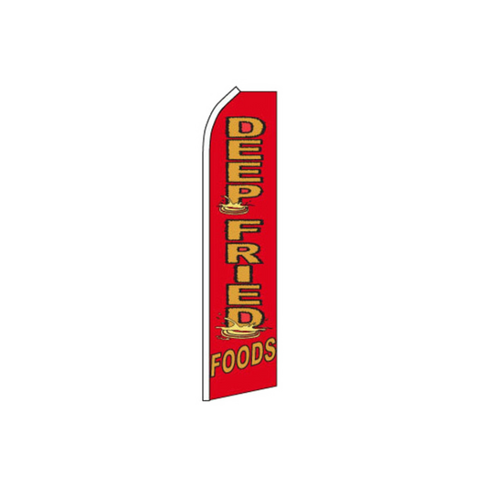 Red feather flag with 'DEEP FRIED FOODS' text on a white background