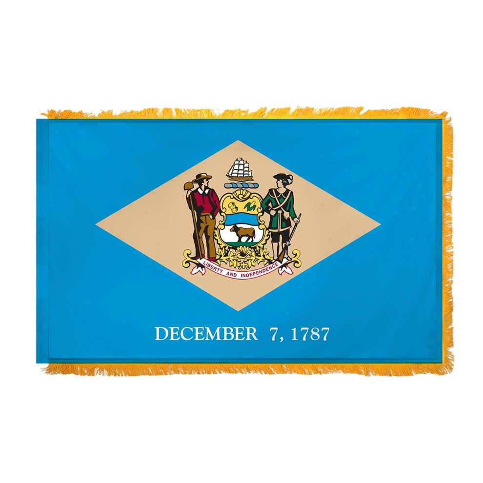 State of Delaware flag featuring the colonial blue field, central buff diamond, state coat of arms, and 'December 7, 1787' text. This flag features yellow fringe.