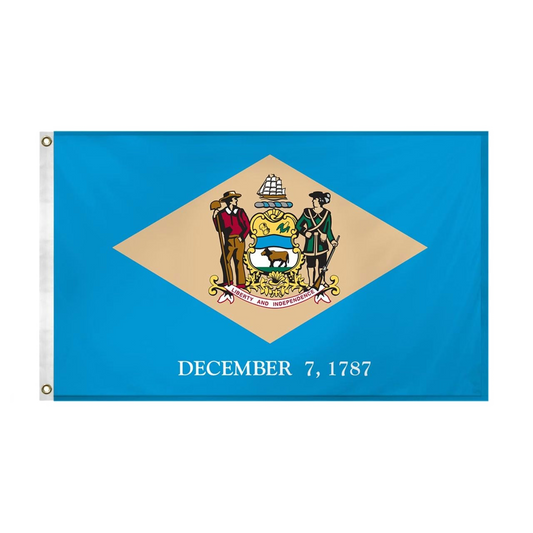 State of Delaware flag with a diamond-shaped emblem and 'December 7, 1787' text on a blue background