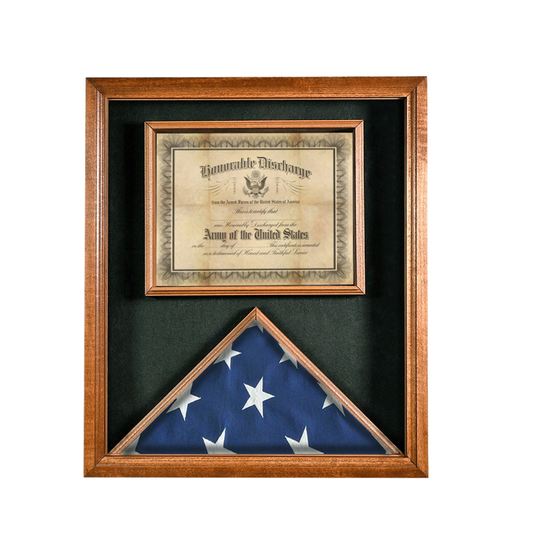 A wooden flag and certificate display case with a cherry finish, featuring a folded flag and a document inside.