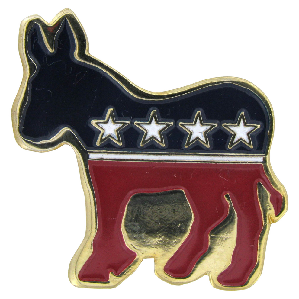 Donkey symbol pin with American flag colors on a white background
