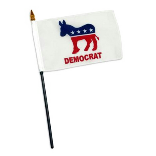 Small white flag with a blue and red donkey and 'DEMOCRAT' text on a white background