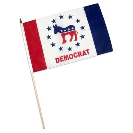 Small flag with a donkey symbol and 'DEMOCRAT' text on a white background