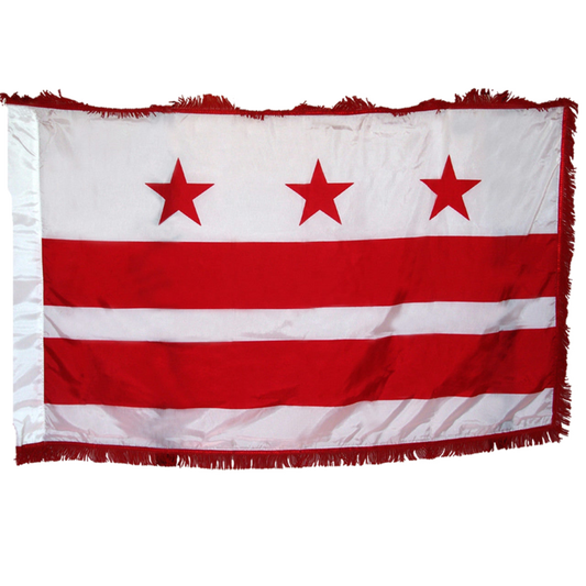 Washington D.C. city flag with three red stars and two red horizontal stripes on a white canvas with red fringe