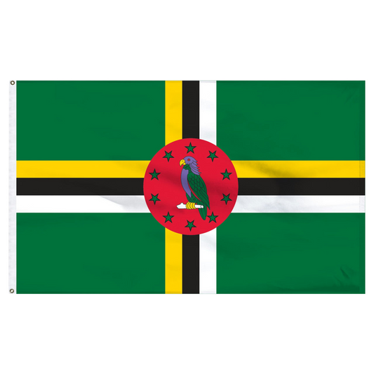 Flag of Dominica with green background, yellow, black, and white stripes featuring a red central emblem with a parrot.