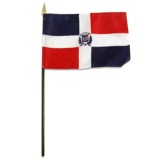 Flag of the Dominican Republic with a coat of arms in the center of a horizontal white strip intersecting a vertical white stripe and two blue corners and two red corners.
