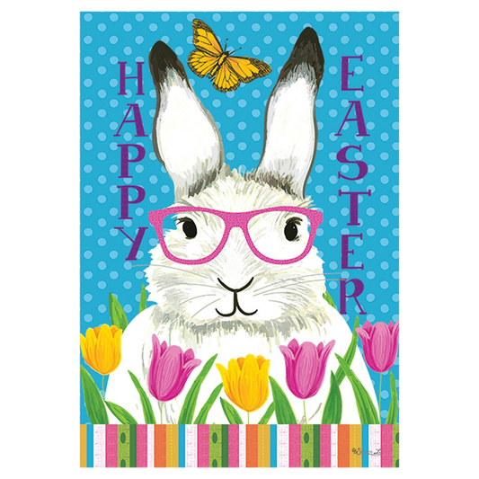 Decorative garden flag Easter scene with a rabbit wearing glasses, tulips, and a butterfly on a blue polka dot background.