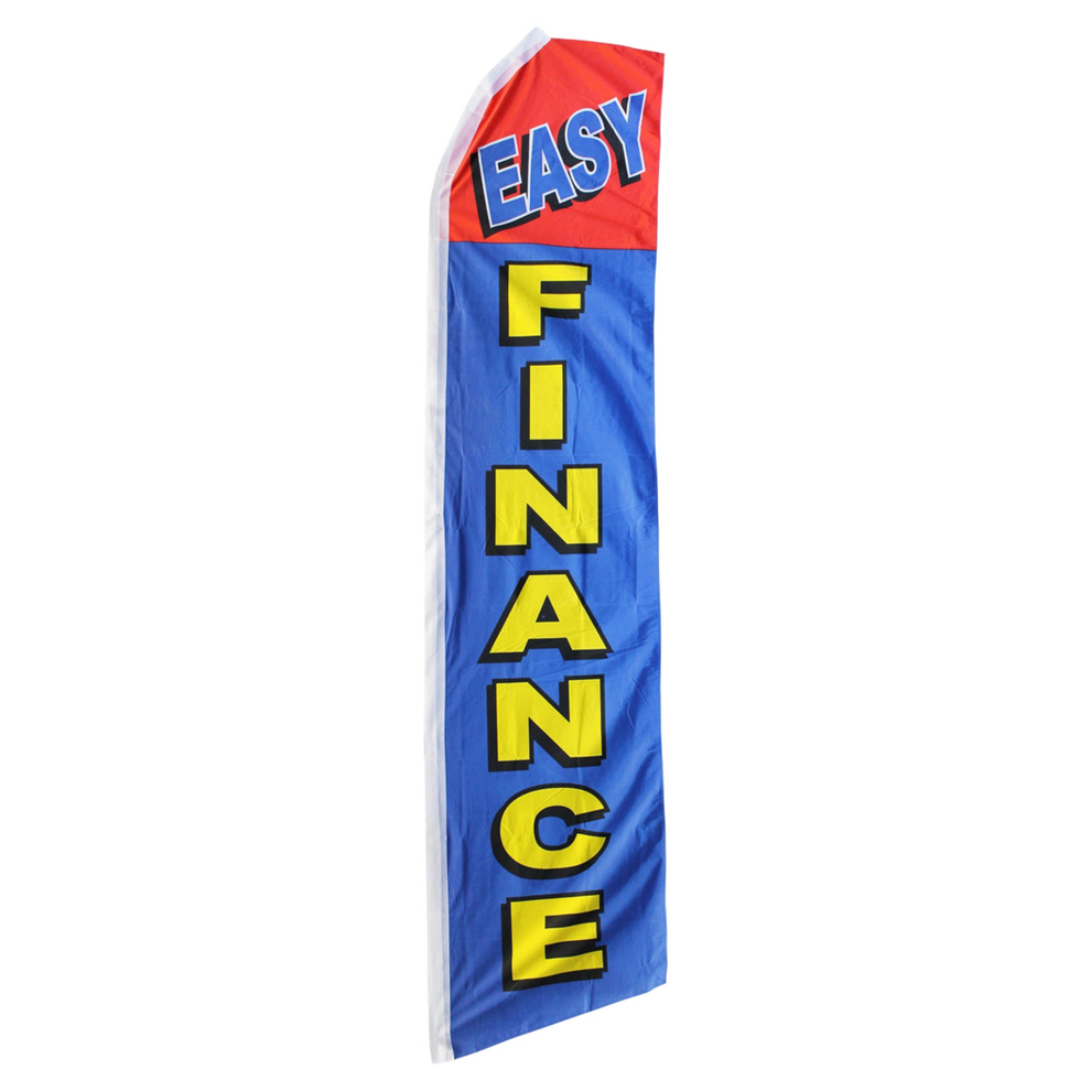 Swooper flag with 'EASY FINANCE' text on a blue and red background