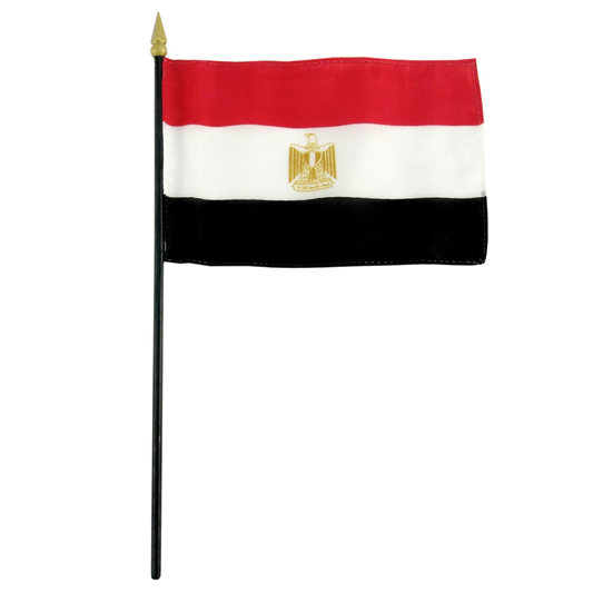 Flag of Egypt with a red, white, and black horizontal stripe design and a gold bird emblem in the center.