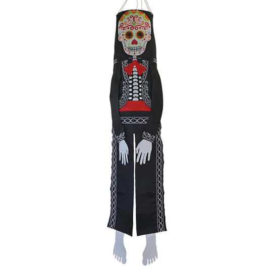 Decorative hanging skeleton with colorful face on a white background