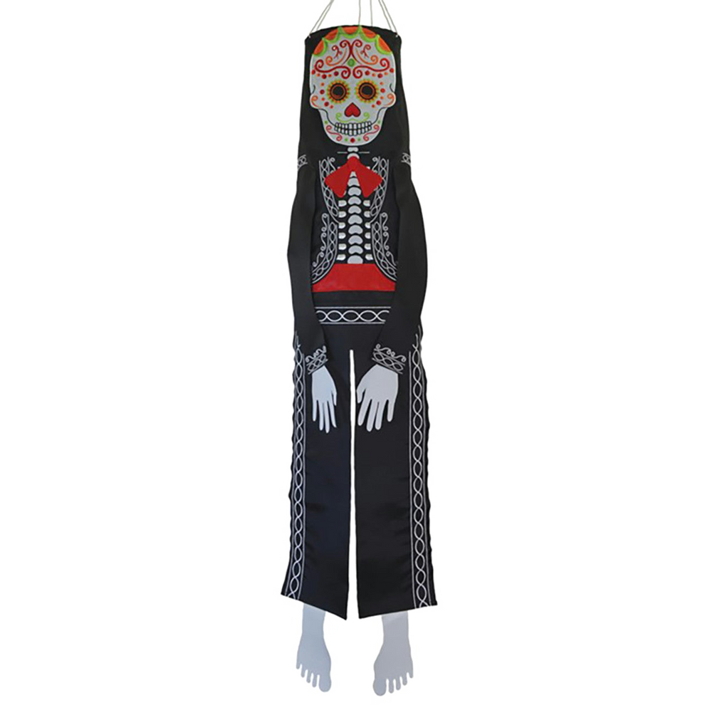 Decorative hanging skeleton with colorful face on a white background