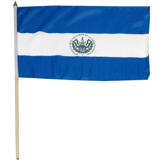 El Salvador flag with blue and white stripes and a central emblem on a white background