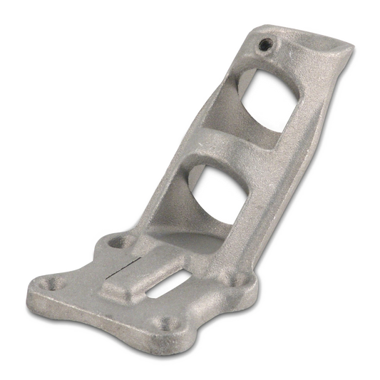A metallic silver cast metal mounting bracket or hardware component, shown from a three-quarters perspective on a solid white background.