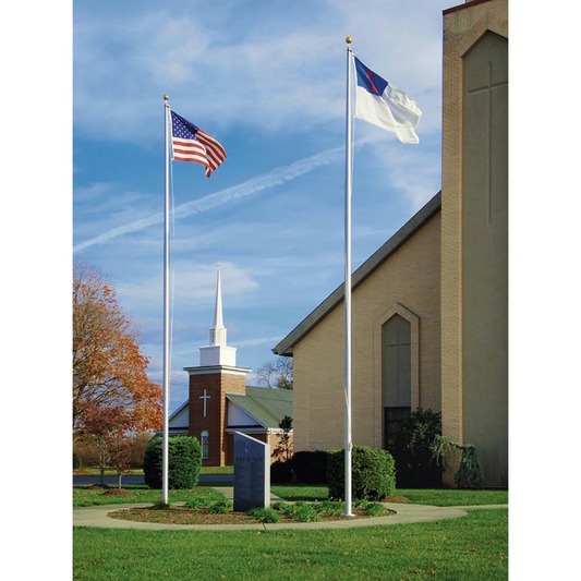 Church with American flag and another flag on a clear day