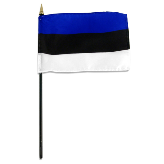 Estonian flag with blue, black, and white horizontal stripes on a small black stick.