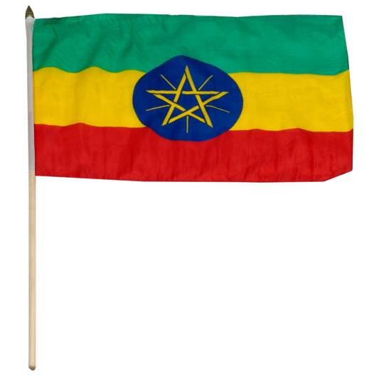 Flag of Ethiopia with green, yellow, and red stripes and a blue circle with a yellow star on a white background.