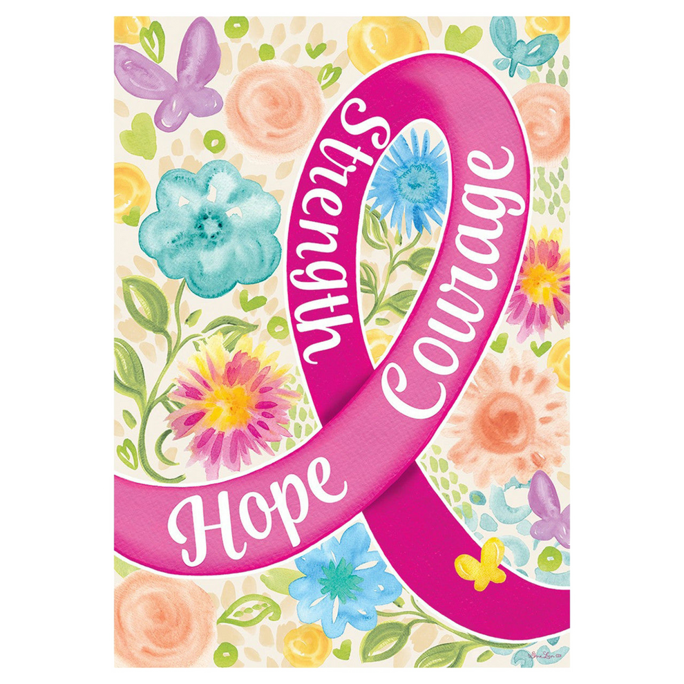 Pink ribbon with 'Hope', 'Strength', and 'Courage' text on a floral garden flag