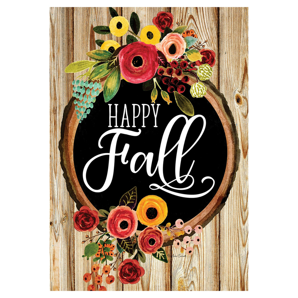 Decorative garden flag with 'Happy Fall' text and autumnal flowers on a wooden background