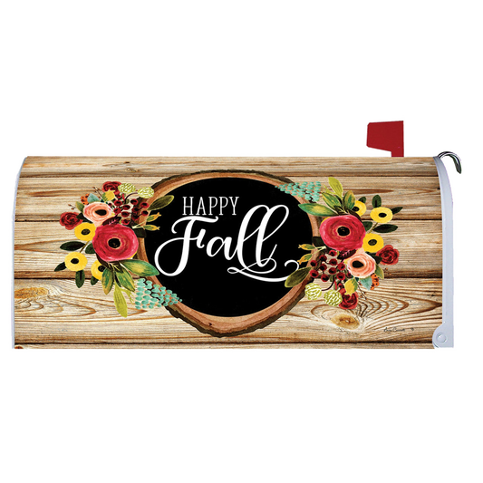 Mailbox cover with 'Happy Fall' text and floral design on a wooden background