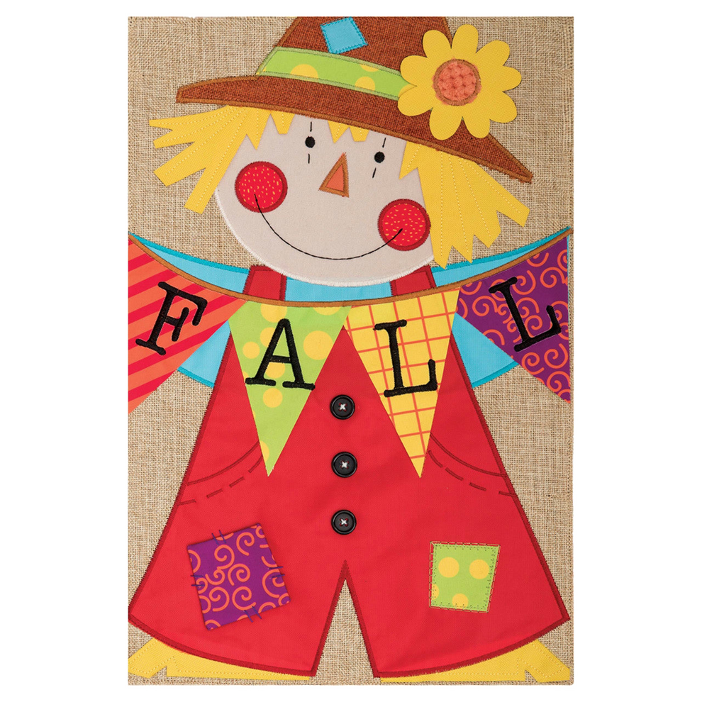 Decorative sign with a scarecrow design and 'Fall' banner on a burlap background