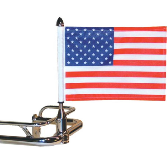 A motorcycle flag mount with a motorcycle American flag