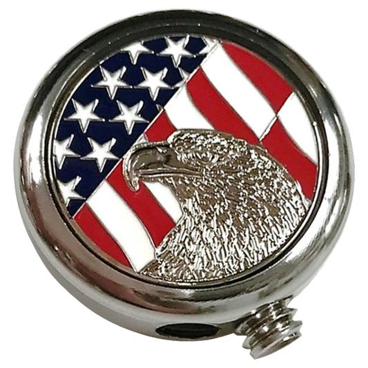 Round metal object with American flag design and eagle emblem on a white background