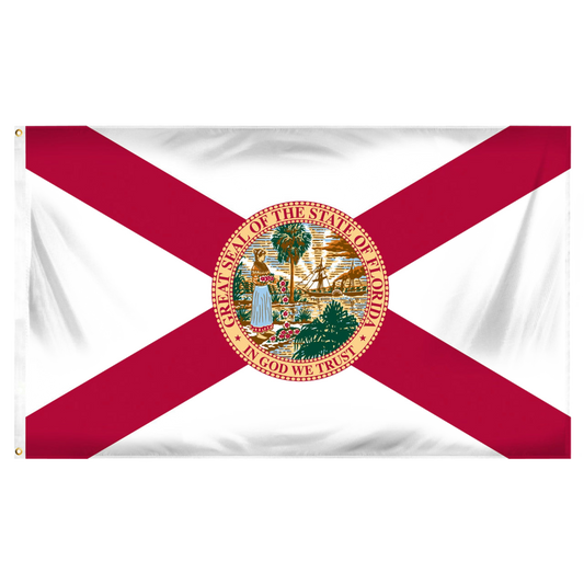 State of Florida flag featuring the classic red diagonal cross on a white background with the full-color Florida state seal in the center. The words 'GREAT SEAL OF THE STATE OF FLORIDA' and 'IN GOD WE TRUST' are written on the edges of the seal.